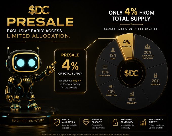 The image features a robot with a gold body, standing on a platform against a black background. The robot has a pointed head and arms, giving it an imposing appearance. The text on the image reads "SDC Presale Limited allocation", which suggests that this is a promotional campaign for a limited edition project called SDC Presale.