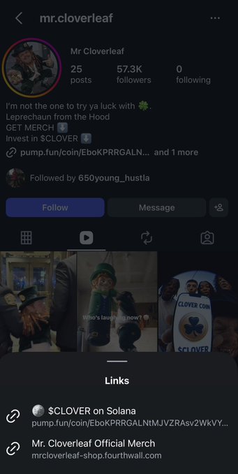 An Instagram profile for 'mr.cloverleaf' with 25 posts, 57.3K followers, featuring bio text about luck and a Leprechaun, with links to $CLOVER on Solana and official merchandise.