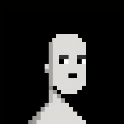 A minimalist pixel-art portrait of a bald, neutral-faced figure against a black background.
