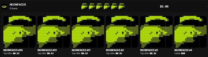 A digital marketplace listing titled 'NEONFACES' displaying 6 pixel art items priced at $0.51 each, with a total collection value of $3.06, showing green pixelated face characters.