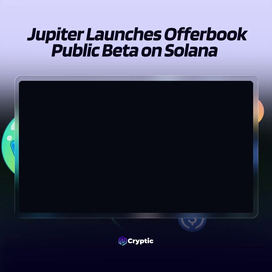The image features a large screen with a blank black background. The text "Jupiter Launches Offerbook Public Beta On Solana" is displayed above the screen, indicating that there's an offerbook for solana users. The text also mentions that this offerbook is in public beta and is accessible to anyone who has a token or NFT.