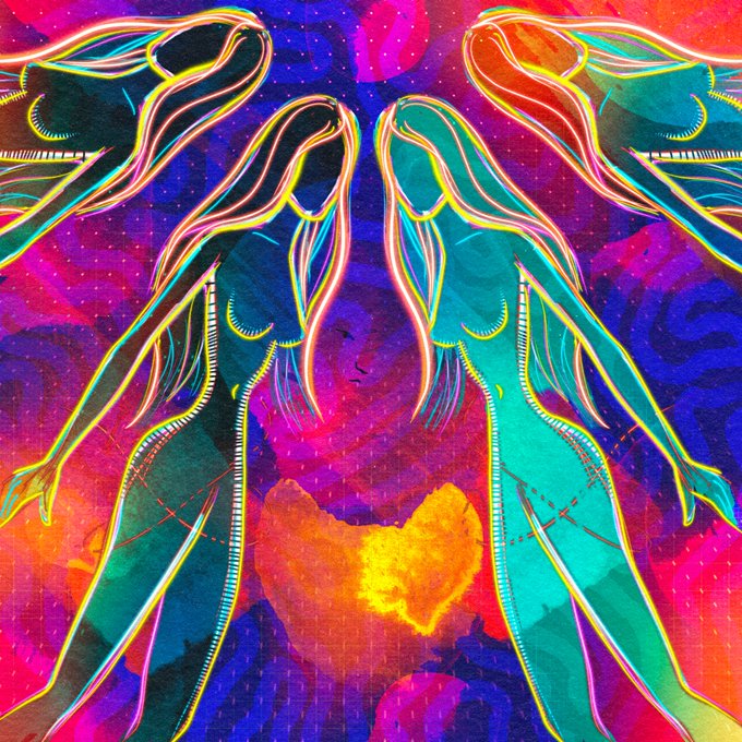 A vibrant, psychedelic digital artwork featuring two stylized female silhouettes—one dark and one teal—facing each other, with a glowing orange heart between them.