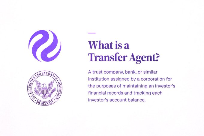 The image features a purple logo alongside the U.S. Securities and Exchange Commission seal, with the headline "What is a Transfer Agent?" and a definition explaining it as a trust company or bank assigned by a corporation to maintain investors' financial records and track account balances. This educational graphic directly supports the post's claim about Injective becoming the first layer-1 blockchain to obtain SEC transfer agent registration, by visually defining what a transfer agent does to contextualize why this regulatory milestone is significant.