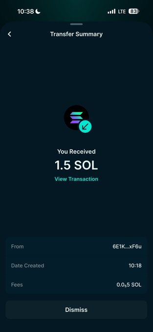 A mobile app's "Transfer Summary" screen shows a successful receipt of 1.5 SOL from address 6E1K...xF6u, dated 10:18, with a small network fee of 0.055 SOL—visual proof of a completed crypto transaction supporting the user's celebratory post about securing a weekend stake.