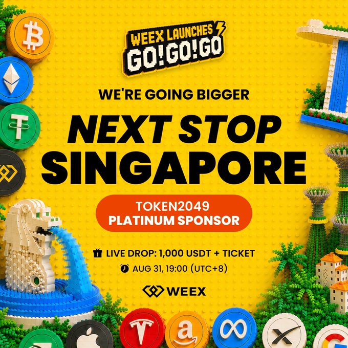 A vibrant promotional graphic featuring LEGO-style models of Singapore's iconic Merlion and Marina Bay Sands, set against a yellow background, announcing WEEX as a "Token2049 Platinum Sponsor" with a "Week Launches Go!Go!Go!" campaign. The image highlights a live drop event scheduled for August 31, 19:00 (UTC+8), offering 1,000 USDT and a Token2049 ticket as prizes, surrounded by various cryptocurrency token logos including Bitcoin, Tether, and others along the bottom and sides.