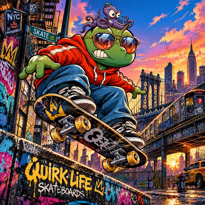 Vibrant digital art of a green cartoon turtle with an octopus on its head, wearing sunglasses and a red hoodie, skateboarding at sunset with 'NYC' and 'SKATE' signs, plus 'QUIRK LIFE SKATEBOARDS' graffiti.