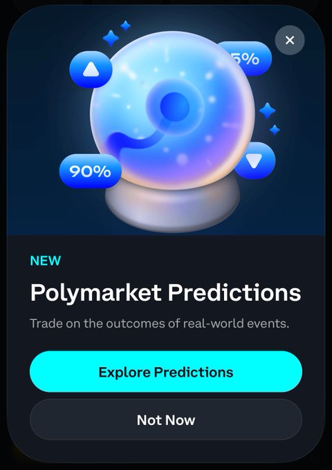 A mobile app notification promoting "Polymarket Predictions" with a crystal ball illustration and buttons to "Explore Predictions" or "Not Now."