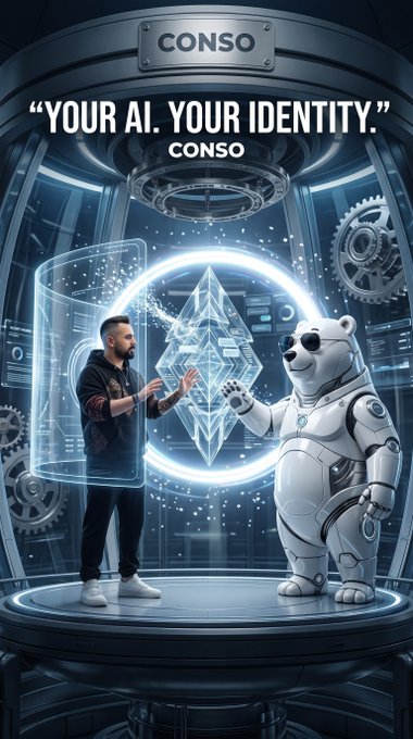 A sci-fi style graphic featuring 'CONSO' at the top with the tagline 'YOUR AI. YOUR IDENTITY,' showing a man interacting with a holographic Ethereum diamond and a robotic white bear.