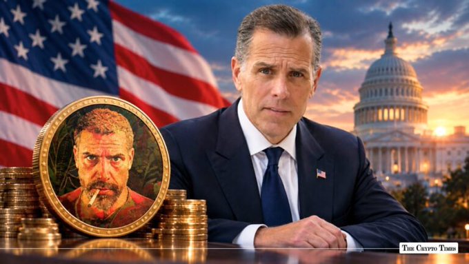 The image shows a man in a suit with an American flag and the U.S. Capitol building in the background, alongside a gold coin featuring a man's face, stacks of gold coins, and a "The Crypto Times" watermark—visually framing the post's promotion of a "Hunter Biden $LAPTOP" token launch on Base (CA: 0xB095274743941e953c746F9C228DA9c18Bb6ec29) with 350 million tokens unlocking at 8:00 AM ET.