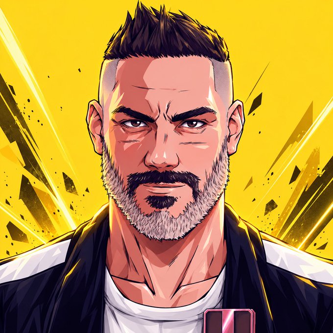 A stylized comic book illustration of a serious-looking bearded man with a mohawk haircut, wearing a black jacket and white shirt, set against a bright yellow background with dynamic sharp lines.