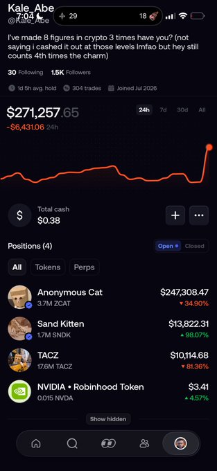 Screenshot of a crypto portfolio belonging to "Kale_Abe" (7:04), showing a balance of $271,257.65, which is down $6,431.06 over 24 hours, with positions in Anonymous Cat ($247,308.47), Sand Kitten, TACZ, and NVIDIA Robinhood Token.