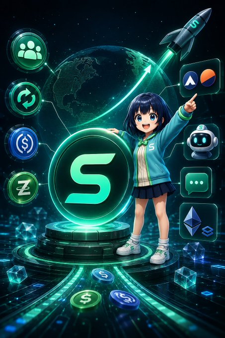 Anime-style digital illustration of a girl with dark hair wearing a green hoodie featuring the 'S' Solana logo, standing next to a glowing Solana coin on a pedestal with various crypto and tech icons floating around her.