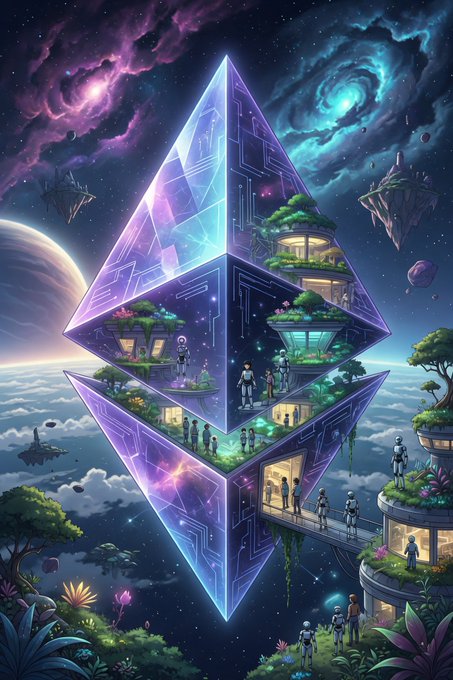 A glowing, futuristic Ethereum crystal hovers above a cosmic landscape, with people and floating islands inhabiting its intricate, circuit-like structure—symbolizing a thriving decentralized ecosystem. The image visually echoes the post's message by portraying Ethereum ($ETH) as a vast, otherworldly technology whose immense innovation will soon be matched by a rising token price.