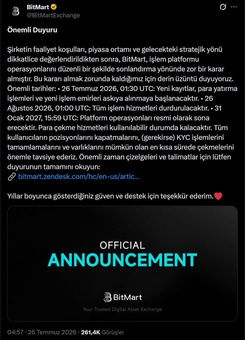 BitMart (@BitMartExchange) posted a Turkish-language announcement on July 26, 2026, declaring the exchange is shutting down, with new sign-ups ending July 26, 2026, withdrawals pausing August 26, 2026, and full operations ceasing January 31, 2027.