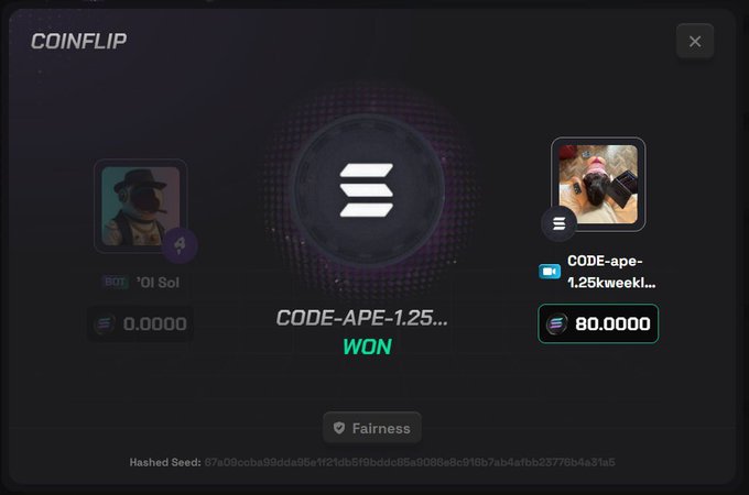 The image shows a computer screen displaying a coin flipping game interface, with two coins shown against each other. The text "code-ape-125...won" indicates that the player has won the coin flipping challenge. The game appears to be called "Coinflip", and it is available for both desktop and mobile devices.