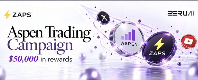 A promotional banner for an 'Aspen Trading Campaign' featuring ZAPS and ZERUM logos, advertising $50,000 in rewards.