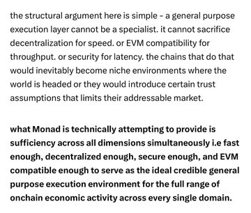 A text excerpt explaining Monad's structural argument that a general-purpose execution layer cannot specialize or sacrifice decentralization, speed, or EVM compatibility, while outlining its goal to provide sufficiency across all dimensions simultaneously. The image highlights Monad's core technical ambition, complementing the post's emphasis on Monad's unique and early-stage opportunity in the crypto space.