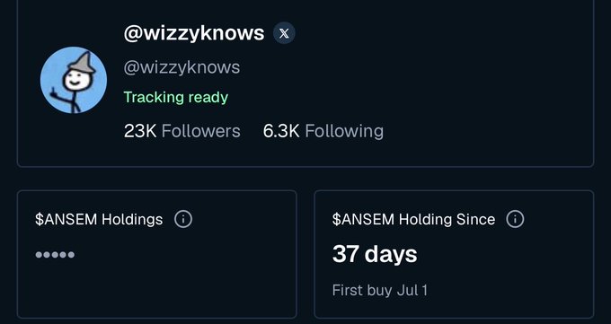 A social media profile card for @wizzyknows showing 23K followers and 6.3K following with "Tracking ready" status, displaying $ANSEM Holdings (hidden) and noting $ANSEM Holding Since 37 days, with first buy on July 1.