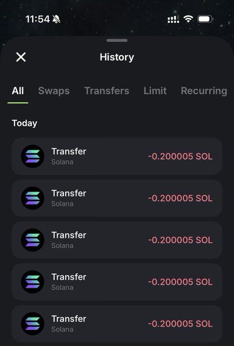 A screenshot of a crypto wallet history showing five consecutive Solana transfers of -0.200005 SOL each, corresponding to the post about sending 0.2 SOL to five different people.