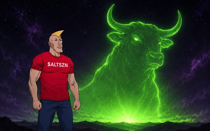 A muscular cartoon figure wearing a red shirt with "$ALTSZN" printed on it stands before a glowing green spectral bull under a starry night sky, visually representing the triumphant return of the bulls and a renewed altcoin season. The otherworldly green bull looms behind him like a legendary spirit coming back to life.