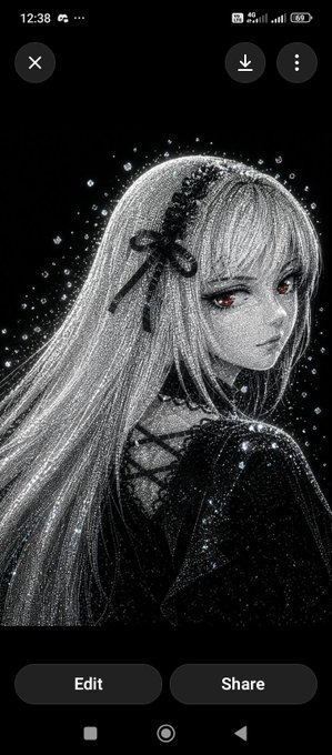A black and white anime-style illustration of a girl with long hair and a bow in her hair, displayed on a mobile phone screen with 'Edit' and 'Share' options visible.