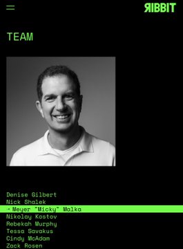 The image shows a black-and-white headshot of a smiling man labeled "Micky Malka," featured in a "TEAM" section of the RIBBIT website alongside other names like Denise Gilbert, Nick Smaby, Nikolay Kostov, Rebekah Murphy, Tessa Sovak, Cindy McAbee, and Zack Rosen. The connection to the post is that Micky Malka is referenced as "Micky" whose wallet transactions with $TIBBIR are mentioned as part of the RIBBIT infrastructure-to-distribution narrative being compared to Robinhood and Virtuals.