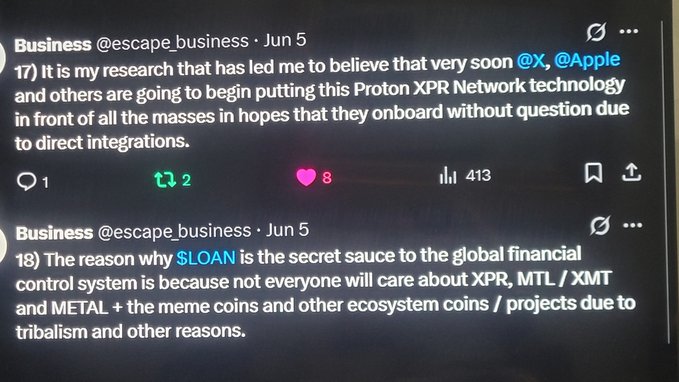 Two tweets from @escape_business discuss 'Proton XPR Network' technology being integrated by Apple and others, and claim '$LOAN' is the secret to global financial control.