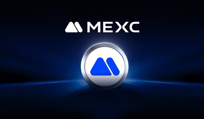 The MEXC cryptocurrency exchange logo, featuring a stylized 'M' inside a silver coin against a dark blue background with a glowing horizon.
