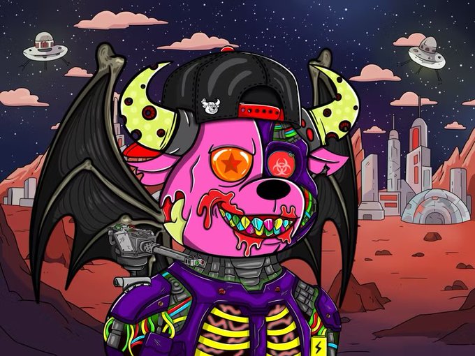 A colorful cartoon illustration of a pink zombie-dog hybrid character with bat wings, a backward black cap, star eyes, and dripping mouth, set against a Mars-like landscape with UFOs and futuristic domes.