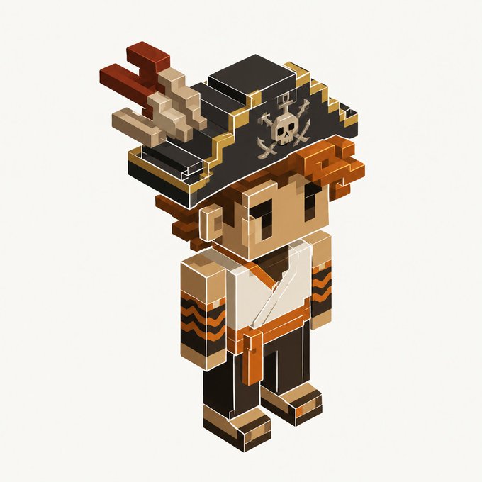 A pixelated pirate character wearing a skull-and-crossbones tricorne hat with a sword strapped to his back stands in a blocky art style fitting for a crypto/NFT profile picture, playfully tying into the "GM Legends" post by portraying a swashbuckling adventurer ready for the next trading "cook" on Robinhood.