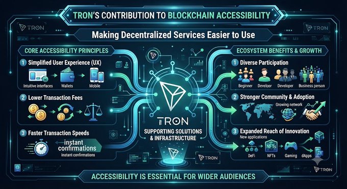 The image is a futuristic infographic titled "TRON's Contribution to Blockchain Accessibility" with the subtitle "Making Decentralized Services Easier to Use." It highlights three core accessibility principles—Simplified User Experience (UX), Lower Transaction Fees, and Faster Transaction Speeds—alongside ecosystem benefits including Diverse Participation, Stronger Community & Adoption, and Expanded Reach of Innovation, all centered around the TRON logo with the caption "Accessibility is essential for wider audiences" at the bottom.
