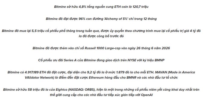 Vietnamese text describing Bitmine's 4.8% ETH holdings, mentions of BMNP stock on NYSE, Eightco (ORBS) on NASDAQ, and references to Alchemy of 5% and MAVAN validators.