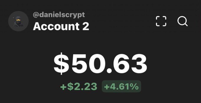 The image shows a crypto portfolio balance of $50.63 for "@danielscrypt" Account 2, displaying a gain of +$2.23 (+4.61%) in green. It appears to be a screenshot shared as proof of earnings to enter a $25 giveaway giveaway hosted by @page44ofdaniels, requiring participants to follow, retweet, and submit their SOL wallet address within 24 hours.