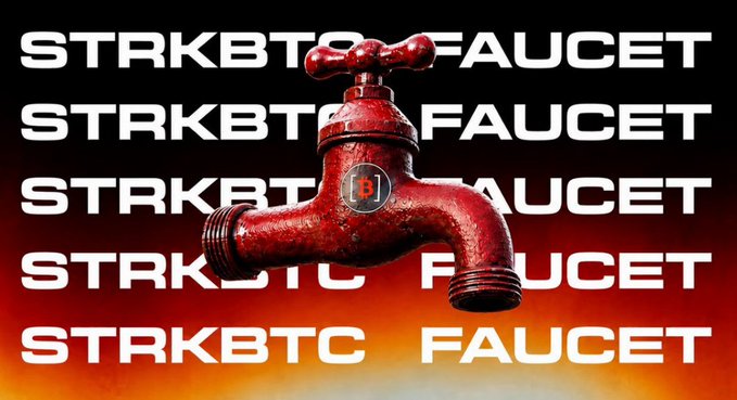A graphic featuring a red faucet with a Bitcoin logo over the text 'STRKBTC FAUCET' repeated five times on a black and red background.