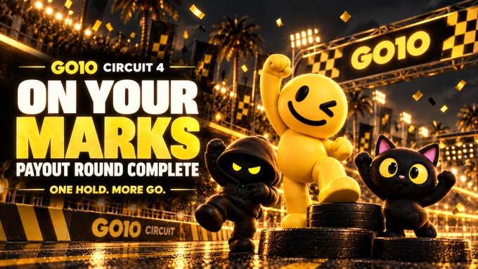A promotional graphic for 'GO10 CIRCUIT 4' displaying 'ON YOUR MARKS' and 'PAYOUT ROUND COMPLETE - ONE HOLD. MORE GO.' with a yellow smiley figure and a black cat character on a podium.