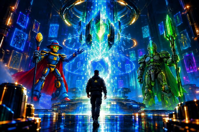 A sci-fi digital artwork shows a person standing before two large armored figures facing a glowing crystalline energy portal with holographic displays floating around them.