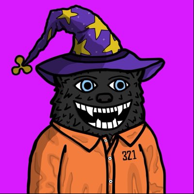 A cartoon illustration of a grinning black cat-like character wearing a purple wizard hat with yellow stars and an orange prison jumpsuit marked '321' on a magenta background.