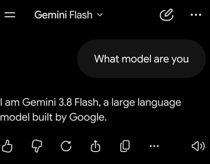 A screenshot of a Gemini chatbot interface shows the user asking "What model are you" and the response claiming "I am Gemini 3.8 Flash, a large language model built by Google," visually supporting the post's claim that Gemini 3.8 Flash is now available on Vertex AI.