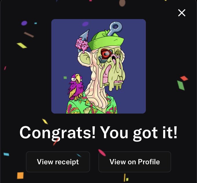 The image shows a cartoon character with a green hat, wearing a colorful outfit that includes a pink shirt and a purple skirt. The character has a bird perched on its shoulder. The background of the image features confetti scattered around the character's head. The caption reads "Congratulations! You got it!" followed by two buttons: one for viewing the receipt and another for viewing the profile of the person who sent the message.