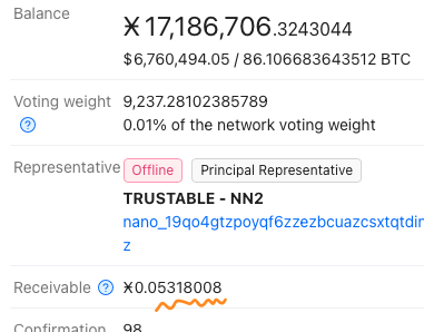 A cryptocurrency wallet display shows a balance of ¥17,186,706.3243044 (equivalent to $6,760,494.05 / 86.10683643512 BTC), with a voting weight of 9.237.28102385789 (0.01% of the network voting weight), an offline representative labeled 'TRUSTABLE - NN2', and a receivable amount of ¥0.05318008.