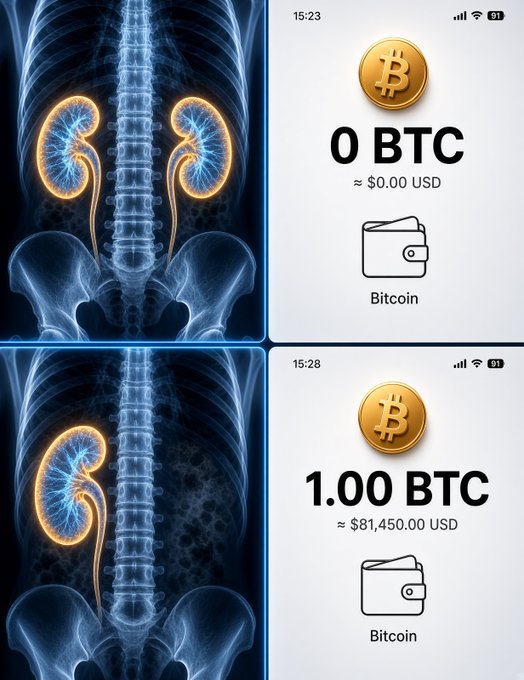 The image depicts a four-panel illustration comparing healthy kidneys (top left) to one remaining kidney (bottom left), juxtaposed with crypto wallet screenshots showing 0 BTC at 15:23 and 1.00 BTC ($81,450.00) at 15:28—suggesting that the "sign" of a kidney donor trade for Bitcoin is the empty wallet appearing just before a full one, literally "signing" away an organ for crypto.
