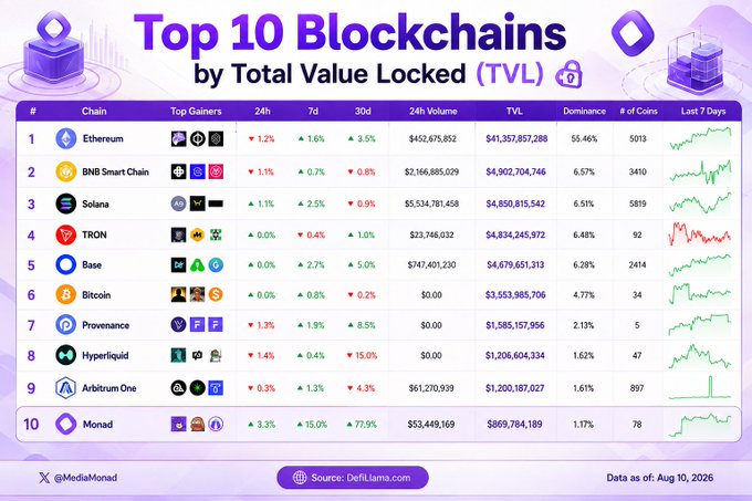 Infographic titled 'Top 10 Blockchains by Total Value Locked (TVL)' listing Ethereum, BNB Smart Chain, Solana, TRON, Base, Bitcoin, Provenance, Hyperliquid, Arbitrum One, and Monad with their respective TVL figures, dated Aug 10, 2026.
