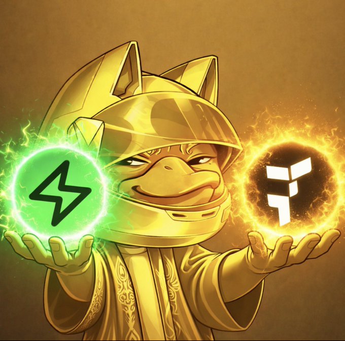 A cartoon image of a person wearing a golden helmet with a lightning bolt symbol and holding another green lightning bolt. The caption reads "coffee time with @useTria traders Join me of you need to test their app: app.tria.so/?accessCode=HD ... Today’s market analysis using DecibelTrade on @useTria".