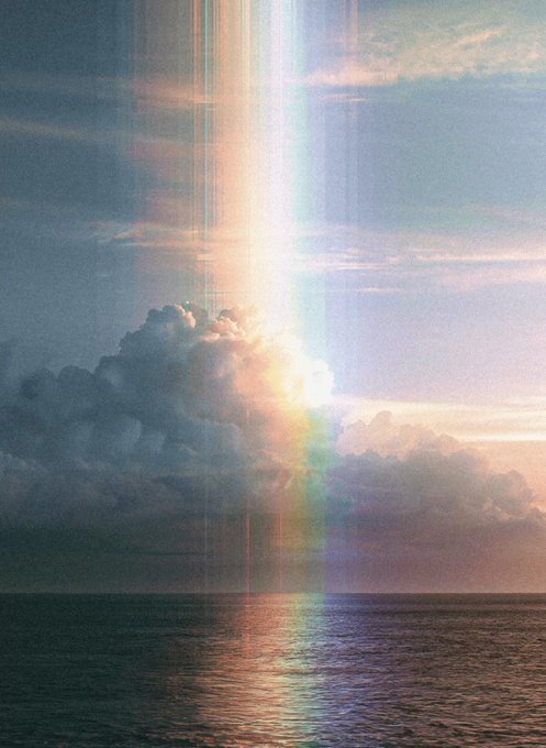 A radiant beam of rainbow light pierces through dense clouds over a calm sea, creating a dreamy, ethereal atmosphere that perfectly captures the title "Raining Light." The artwork's luminous vertical streak and soft pastel sky evoke a sense of magic and wonder, complementing the contemplative mood of this newly collected piece by @tokioflo.