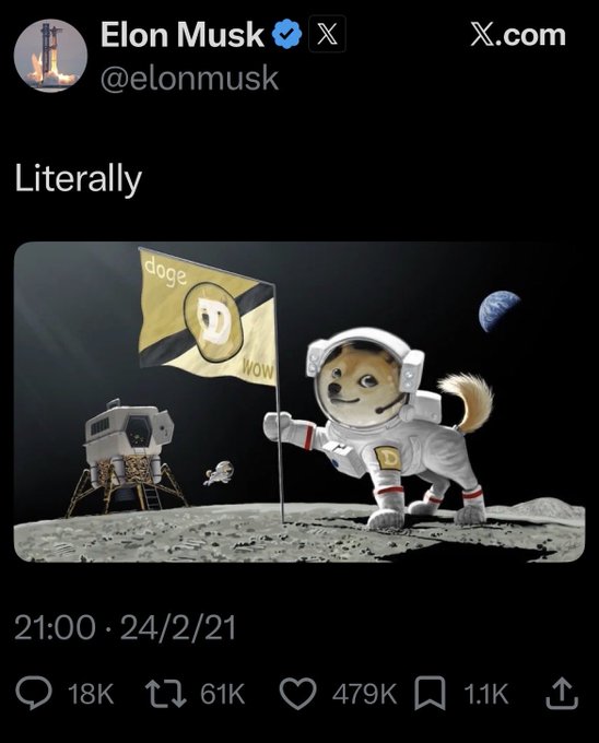 A screenshot of a tweet from Elon Musk (@elonmusk) reading 'Literally' with an image of Doge in a spacesuit planting a 'doge' flag on the moon, posted on 24/2/21 with 479K likes.