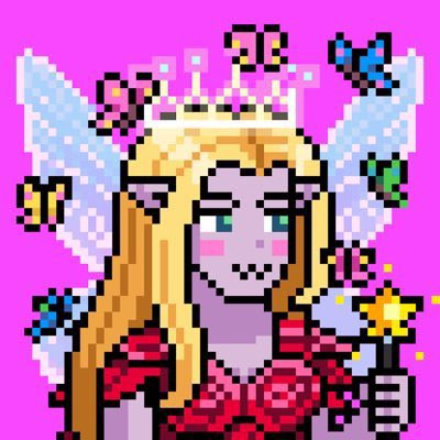 A pixel art image of a fairy princess with blonde hair, a golden crown, white wings, and a red dress, holding a glowing wand against a bright pink background with butterflies.