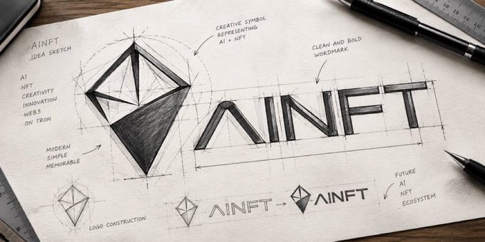 A pencil sketch on paper showing the logo design process for 'AINFT', featuring a diamond/kite-shaped symbol with annotations like 'CREATIVE SYMBOL REPRESENTING AI + NFT', 'CLEAN AND BOLD WORDMARK', and references to AI creativity and Tron blockchain.
