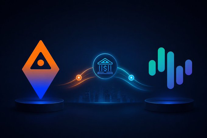 A tech-themed graphic showing icons for navigation, a bank/financial institution, and audio waveform/voice apps on pedestals connected by glowing energy lines.