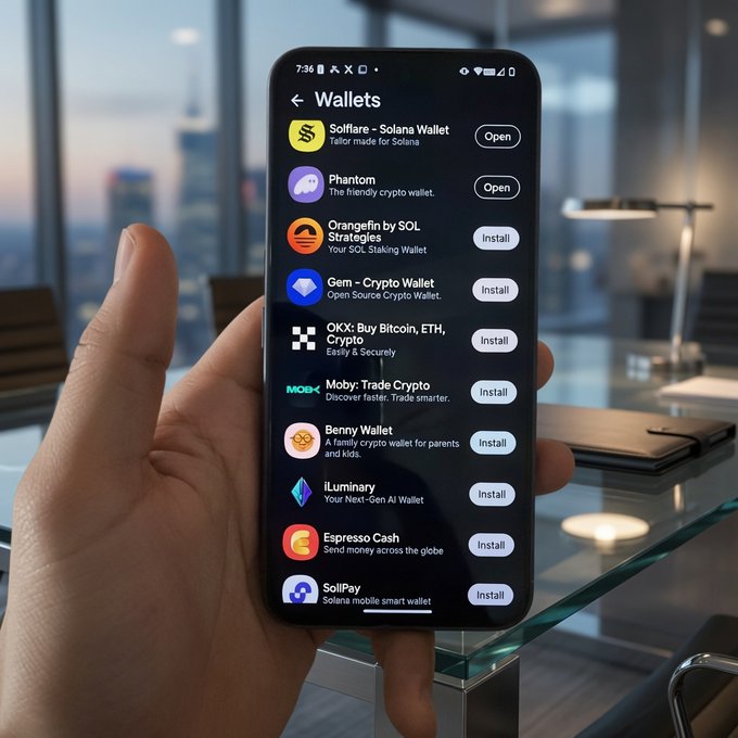 A hand holding a smartphone displaying a 'Wallets' page with various cryptocurrency apps like Solflare, Phantom, and SolPay available to open or install.