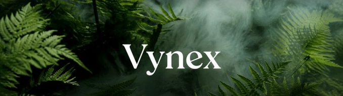 A dark banner image of green ferns with mist, featuring the white text 'Vynex' in the center.